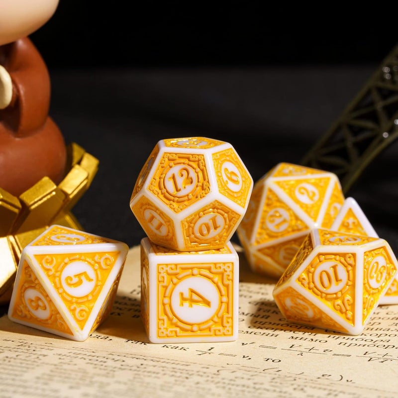 Poludie 7PCs DND Dice Set, Unique Window Lattice Pattern D&D Dice Set with Leather Die Bag, Polyhedral Die for RPG Table Games (Yellow/White) - Image 3